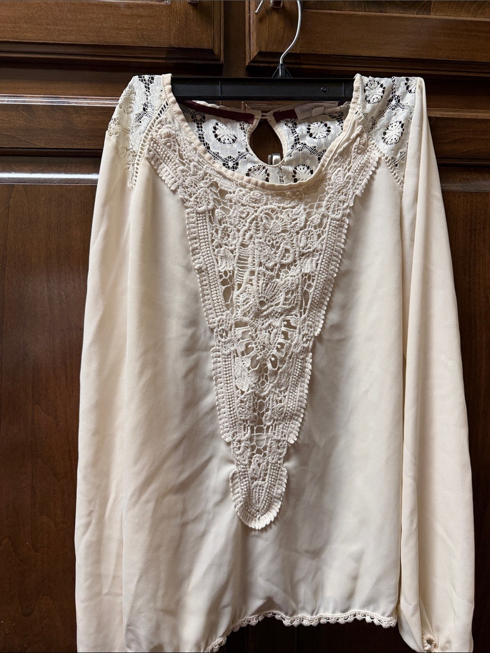 Cream Crochet Front Lace Blouse - Women's Long Sleeve Top